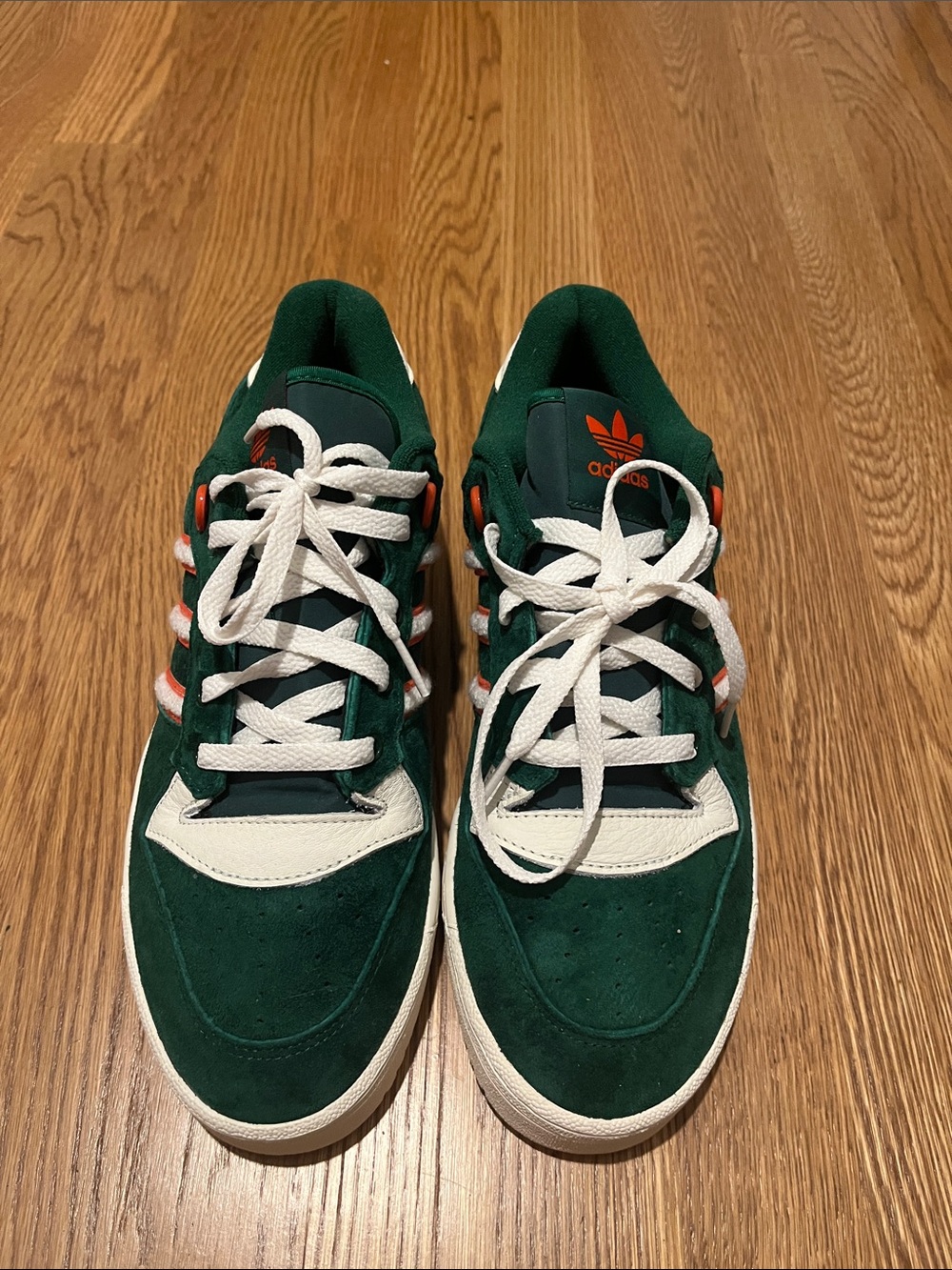 NWOT adidas Miami Hurricanes Men’s Green and Orange Suede Sneakers